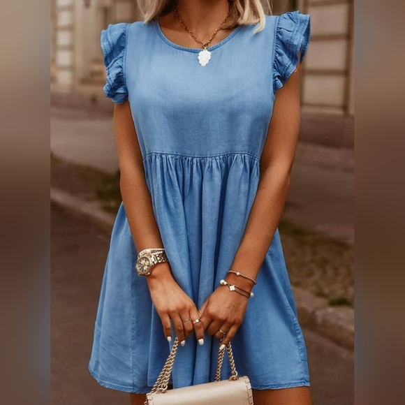 Dresses & Skirts - Full Size Ruffled Round Neck Cap Sleeve Denim Dress